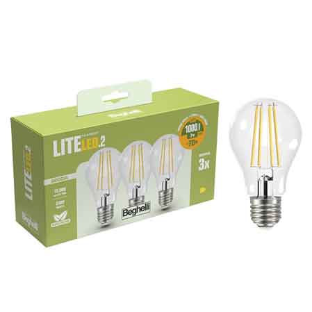 LAMPADA A LED A FILAMENTO MOD. 'GOCCIA' BEGHELLI 7W - E27 - 994Lm - 4000K - Confezione 3 pezzi
