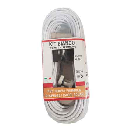 KIT CAVETTO STENDIBIANCHERIA BIANCONE MATASSA Ø 5 mm - 20 mt - 1 tirante + 2 fermacavi