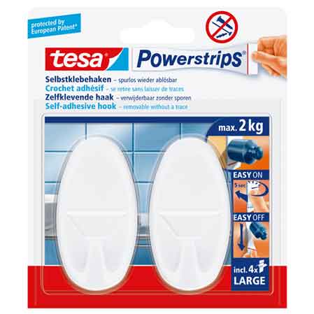 GANCIO OVALE 'POWERSTRIPS®' BIANCO Mod. L, 2 ganci + 4 strisce - Portata 2 Kg