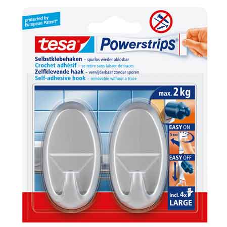 GANCIO OVALE 'POWERSTRIPS' ARGENTO Mod. L, 2 ganci + 4 strisce - Portata 2 Kg