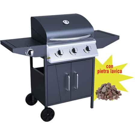 BARBECUE A GAS TRE FUOCHI C/FORNELLONE 'CARRARA' CARDINALE Con 3 kg di pietra lavica
