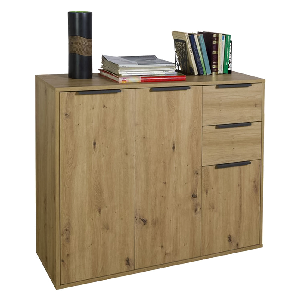 MEUBLE MULTI-USAGES TROIS PORTES + DEUX TIROIRS GAMME 'ESPRESSO' cm.106 x 35,4 x h. 86,9 - chêne artisan
