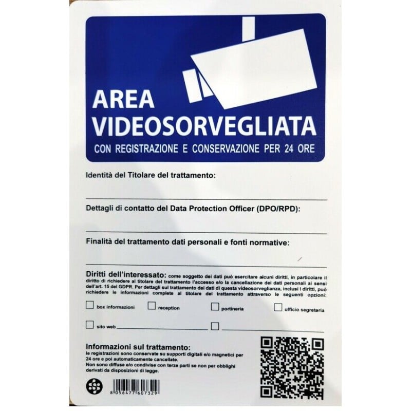 CARTELLO 'ATTENZIONE AREA SOTTOPOSTA A VIDEOSORVEGLIANZA' 20x30 cm