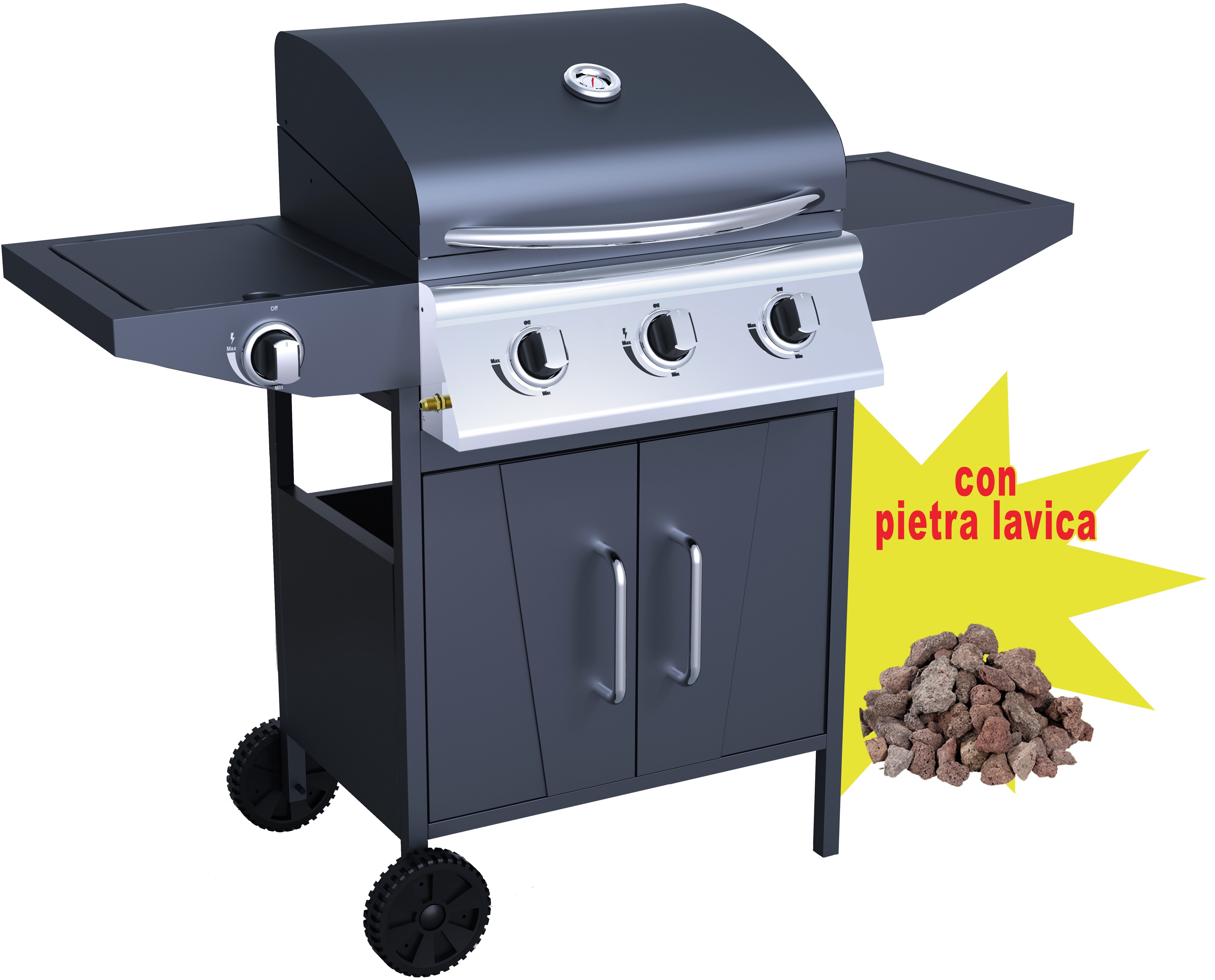 BARBECUE A GAS TRE FUOCHI C/FORNELLONE 'CARRARA' CARDINALE Con 3 kg di pietra lavica
