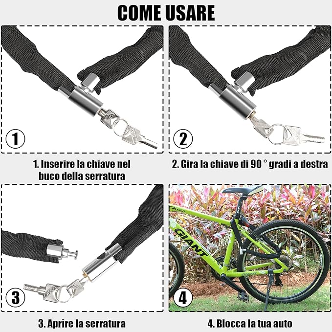 ANTIVOL À CHAÎNE 6 mm x 90 cm POUR VÉLO ET MOTO